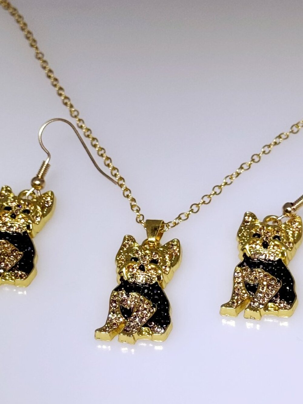 Yorkie dog pendant necklace, earrings, black trim, gold tone, NWOT